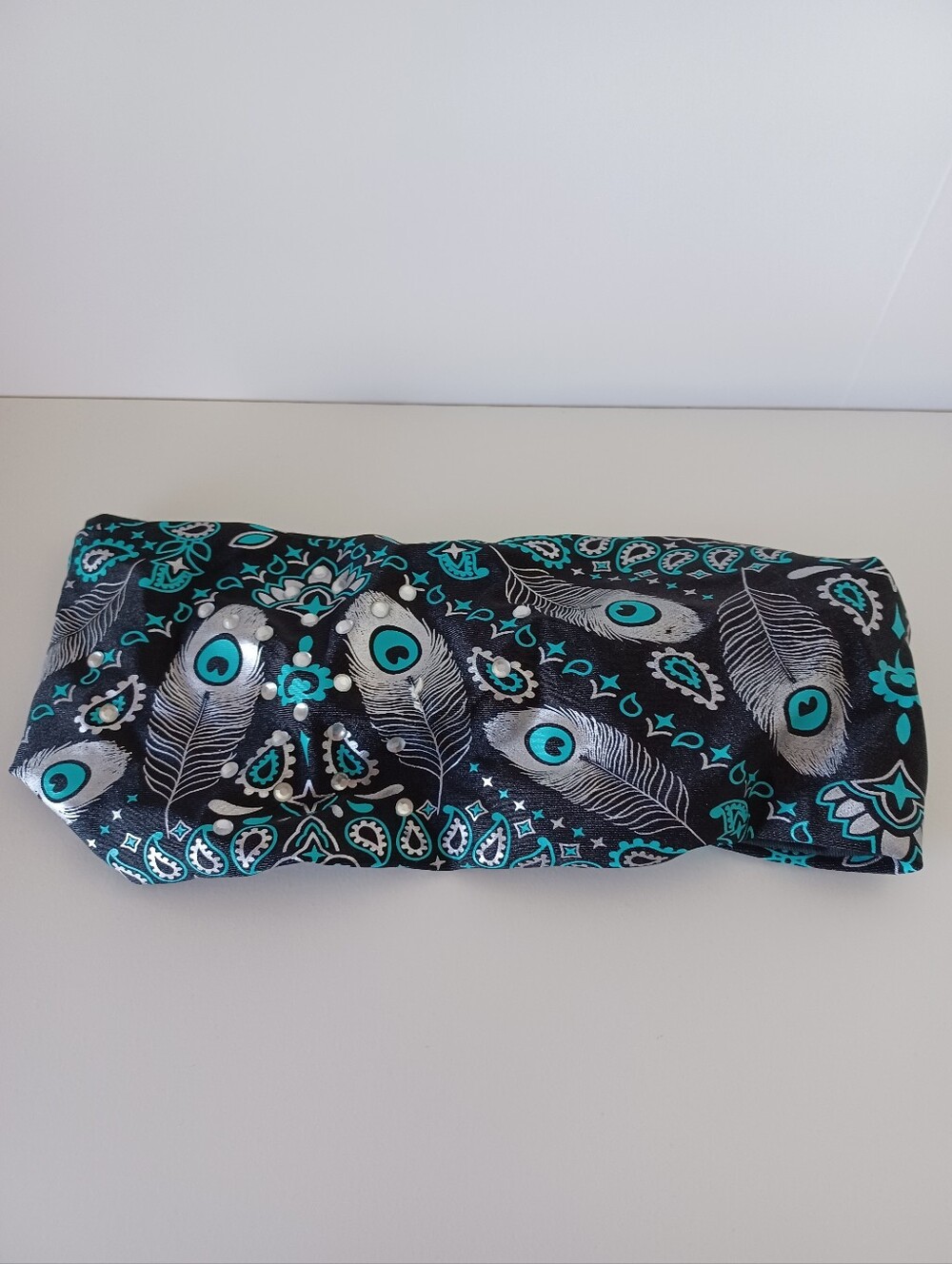 Danbando Headband Bandana Feather Paisley Blue Black Silver Spandex One Size
